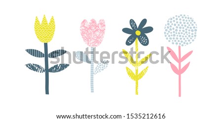 Abstract flowers vector illustrations set. Doodle blooming plants flat simple composition. Decorative Scandinavian scribble, line and dot drawing. Blossoming tulip, chamomile, dandelion, bud