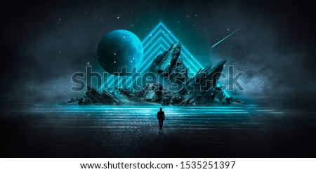 Modern futuristic neon abstract background. Large object in the center, space background. Dark scene with neon light. Reflection of light on a wet surface.