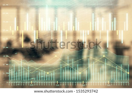 Stock and bond market graph with trading desk bank office interior on background. Multi exposure. Concept of financial analysis