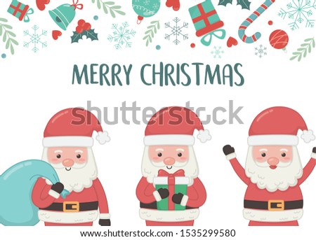 group santa with bag and gift merry christmas card vector illustration