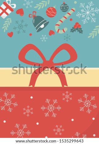 gift box with bow decoration bell candy cane merry christmas card vector illustration