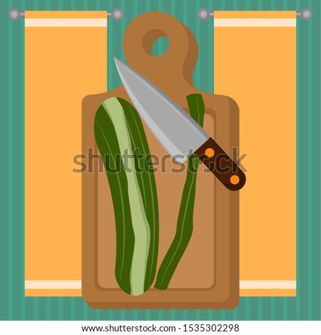 Cucumber cut with a knife on a cutting board. Food preparation - Vector illustration