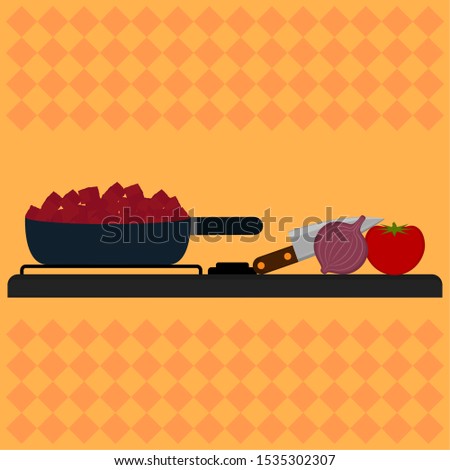 Meat steak in a pan with vegetables. Food preparation - Vector illustration