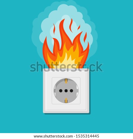 Electric wiring of socket in fire. Electrical safety concept. Plug outlet on fire. Electrical shock power. Short circuit in flat, cartoon style. Overload electrical connection. vector illustration