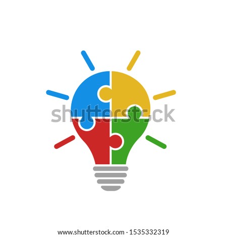 Puzzle icon vector. Bulb light icon from colored jigsaw puzzle pieces. Four puzzle pieces connected to each other. Vector illustration isolated on white background