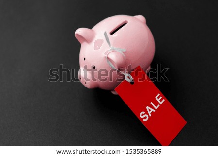 shopping, marketing and saving concept - piggy bank with red sale tag on black background