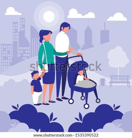 couple of parents and children in park in the city, scene of people outdoor vector illustration design