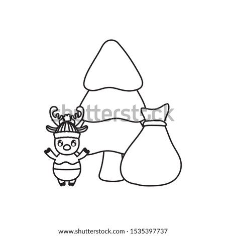 reindeer with christmas tree and gift bag on white background vector illustration design