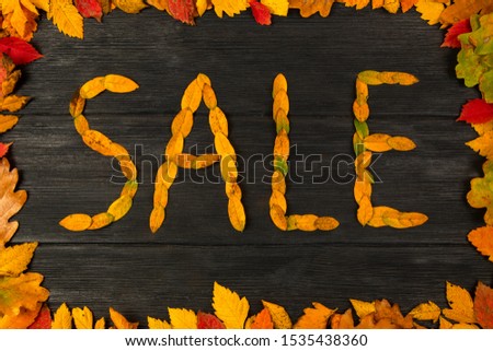 yellow autumn leaves and autumn sale on a dark old wood background