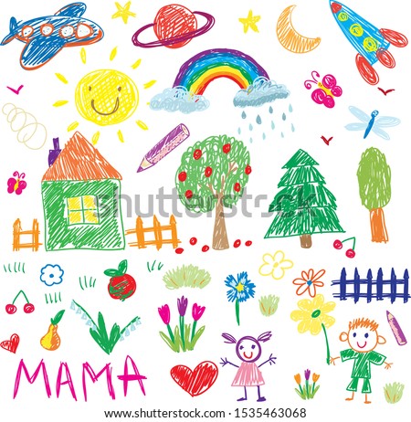 Kids drawing vector elements for kindergarten posters and banners. Children drawing style of icons. Royalty-Free Stock Photo #1535463068
