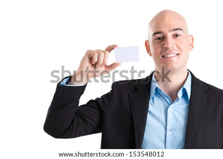 Copy-spaced portrait of a young businessman with a visiting card over a white background 