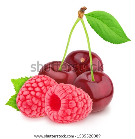 Colourful composition with garden berries - raspberry and cherry, isolated on a white background with clipping path.
