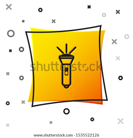 Black Flashlight icon isolated on white background. Yellow square button. Vector Illustration