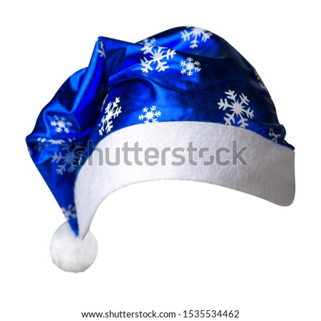 Santa Claus blue   hat isolated on white background .Santa Claus  hat with snowflacks that is for wearing on Christmas Day.beautiful hatn Santa front side view
