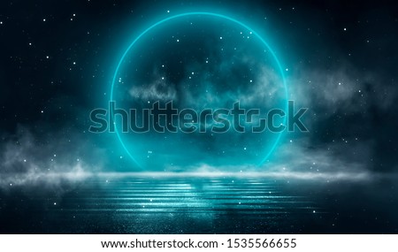 Abstract night scene, reflection in the water, a neon circle in the center. Night view, smoke, smog, starry night sky.