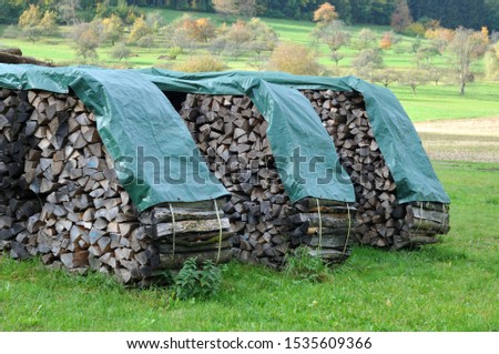 woodpiles covered with plastic tarps stacked up in a meadow in order to dry Royalty-Free Stock Photo #1535609366