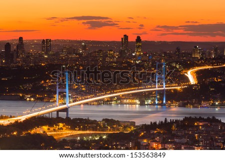 15th July Martyrs Bridge (15 Temmuz Sehitler Koprusu). Istanbul Bosphorus Bridge at night. Istanbul, Turkey. Royalty-Free Stock Photo #153563849