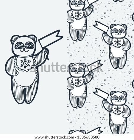 Cute panda with pennon. Cartoon hand drawn raster illustration. Nice for t-shirt print, kids wear fashion design, clip-art, baby shower invitation cards