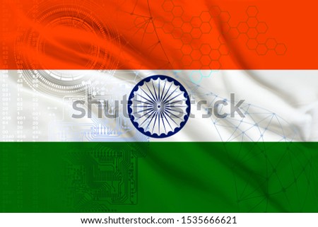 photo of the beautiful colored national flag of the modern state of India on textured fabric, concept of tourism, economics and politics, closeup