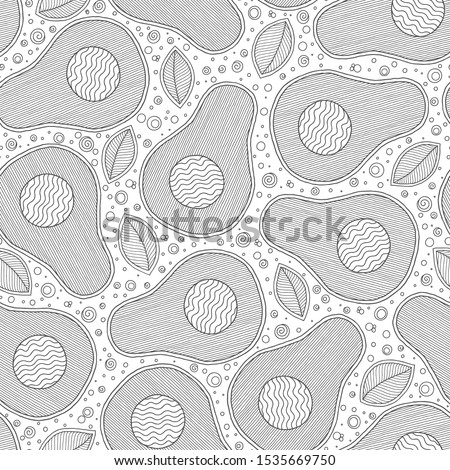 Line doodle art avocado seamless pattern. Hand drawn. Can be used for wallpaper, pattern fills, coloring books and pages for kids and adults. Black and white.