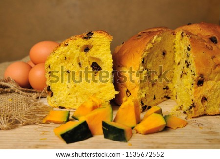sweet focaccia from Italian cuisine with chicken and pumpkin eggs