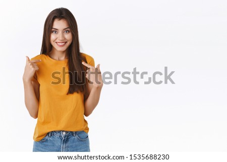 Cheerful, happy triumphing young pretty woman lucky, winning prize or was chosen for promotion, pointing herself proud bragging personal achievement, smiling joyfully, white background