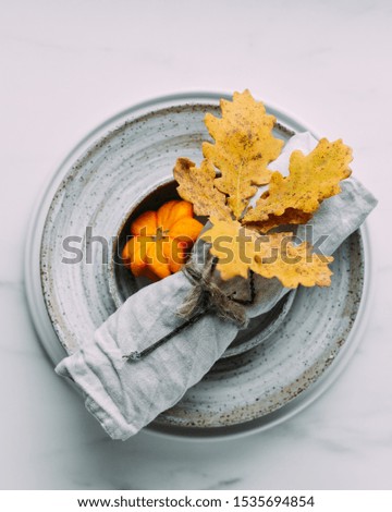 yellow oak leaf and little yellow pumpkin on marble background