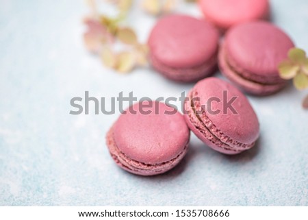 pink macaroons on a blue background with flowers and greenery