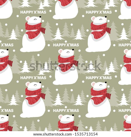 Christmas holidays season seamless pattern of cute polar bear in red scarf with snowflakes, pine tree and HAPPY X'MAS text. Vector illustration design for greeting season.