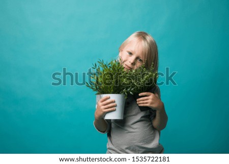 A little boy holding pots with a green plant. Children and nature. Preserve nature