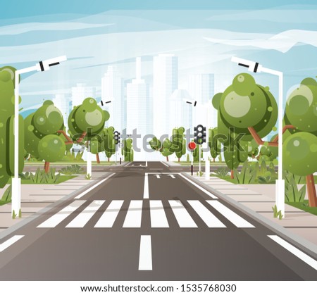 Empty Road with Crosswalk, Road Markings, Sidewalk for Pedestrians, Trees and Traffic Lights. Vector Illustration. Cityscape. Urban Concept. City Skyline.

