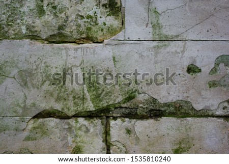 background of old stone blocks, beige with green spots, stone background