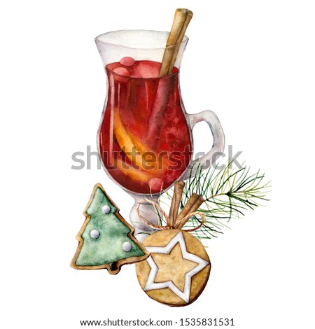 Watercolor Christmas mulled wine. Hand painted wine glass, cinnamon, gingerbread and fir branch isolated on white background. Winter illustration for design, print, fabric or background