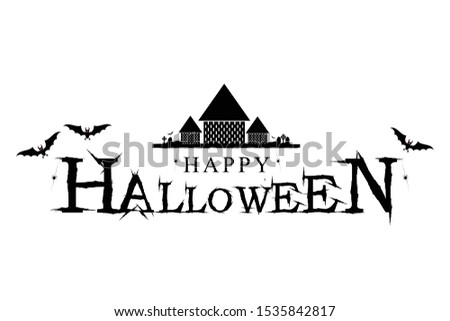 Happy Halloween text banner vector illustration with castle and tomb. Greeting card for Halloween Festival.