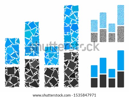 Bar chart mosaic of tuberous parts in different sizes and shades, based on bar chart icon. Vector ragged parts are combined into mosaic. Bar chart icons collage with dotted pattern.