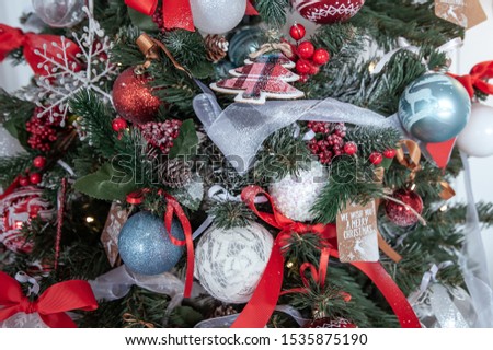 Decorated Christmas tree close-up, New Year mood