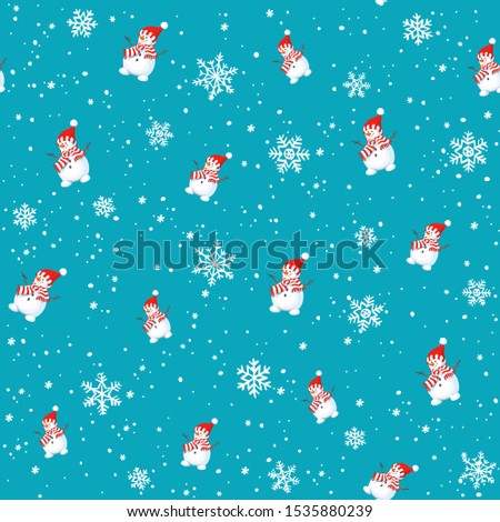 Christmas seamless pattern with happy snowman and flakes on blue background.