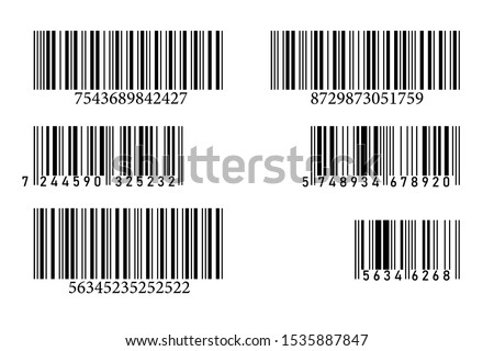 Set of Barcode icon vector with numbers and pattern of parallel lines.vector illustration design.  Concept object design for product. Black striped code for digital identification. Business barcodes