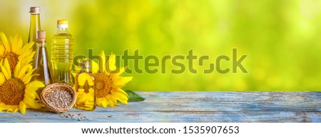 Rural still-life, banner - sunflower oil in bottles with flowers of sunflower (Helianthus annuus), closeup with space for text