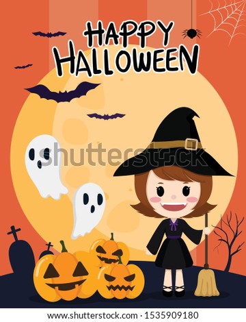 happy halloween banner or party invitation background. Full moon in the sky, spiders web and flying bats. Place for text