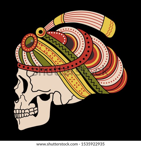 
Isolated vector illustration. Human skull in fancy turban. Profile view. On black background.