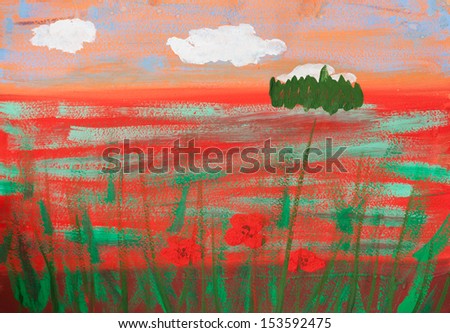 child's gouache picture of summer poppy field