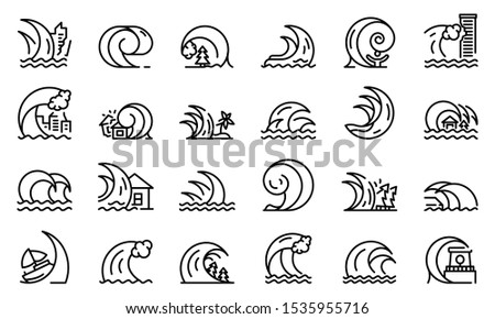 Tsunami icons set. Outline set of tsunami vector icons for web design isolated on white background