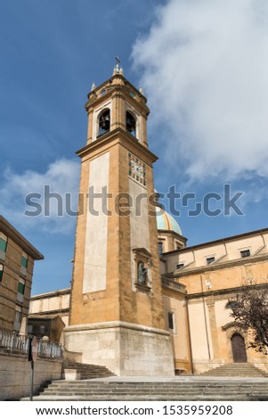 The bell tower of St. Julian's Cathedral (San Giuliano) in Caltagirone, Sicily. On September 12, 1816 Pope Pius VII elevated the church of San Giuliano to a cathedral and given the title of basilica. Royalty-Free Stock Photo #1535959208