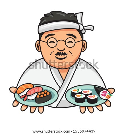 Cute cartoon Japanese chef serving plate of sushi and nigiri on white background, Vector Illustration