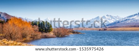 Mountain Landscape Lake In The Mountains, Panoramic View Of Scenic Landscape In Canterbury, South Island, New Zealand, Popular Travel Destination Near Christchurch