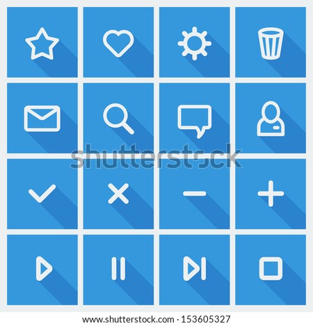 Flat UI design elements - set of basic web icons in blue and white. Vector illustration.