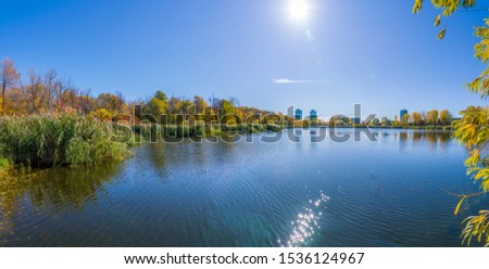Panorama of a lake in Autumn on October 19th 2019 in Nuns Island, Montreal, Quebec, Canada. The forest is full of autumn colored trees and we can see buildings in the background.