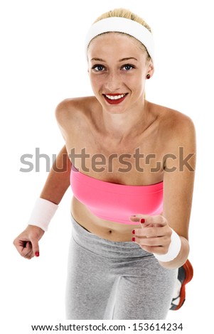 Beautiful woman running isolated on white