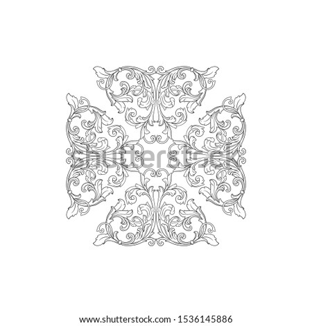 Baroque ornament with filigree in vector format for design frame, pattern. Vintage hand drawn victorian or damask floral element. Black and white engraved ink art.